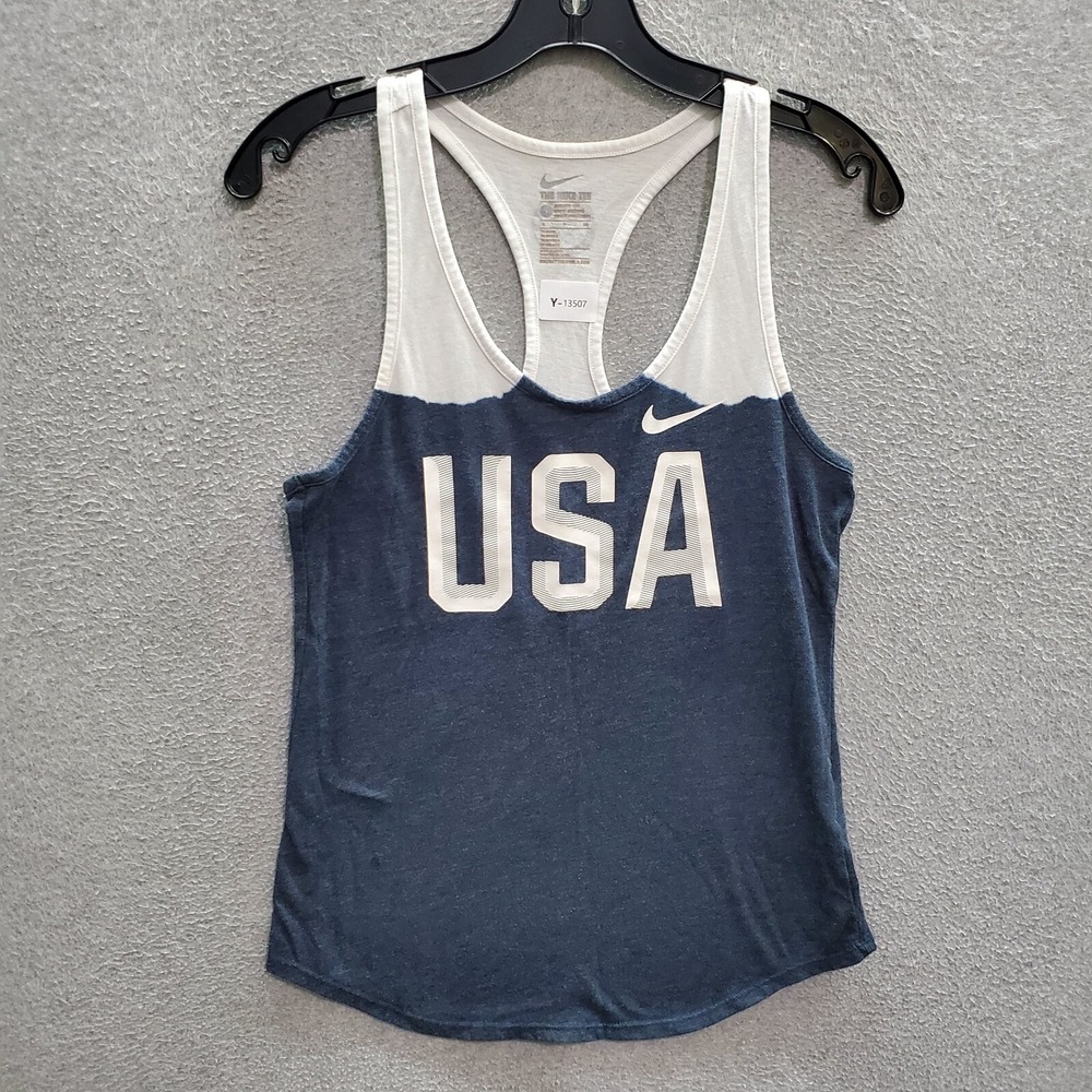 Nike Women Activewear Top Small Blue White Tank 10K Logo Swoosh US Olympic Team